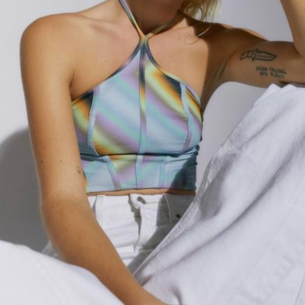URBAN OUTFITTERS Women’s Blue Multi Ombré Print COLETTE Cropped Halter Top Sz M